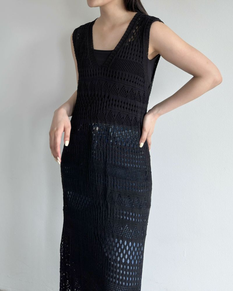 CHICWISH(シックウィッシュ)｜クロシェ編みVネックワンピース セール】ショート丈深Vネック透かし編みメッシュかぎ編み